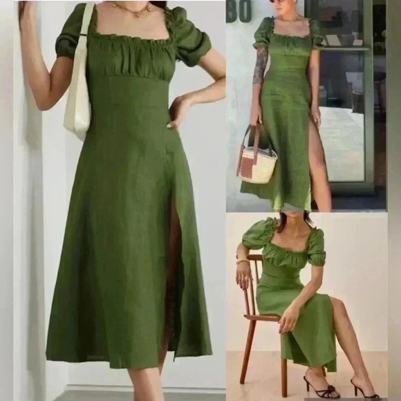 Reformation Dresses & Skirts - Reformation Jacqueline Linen Midi Dress 0 XS Puff Sleeve Square Neck Ruched Moss